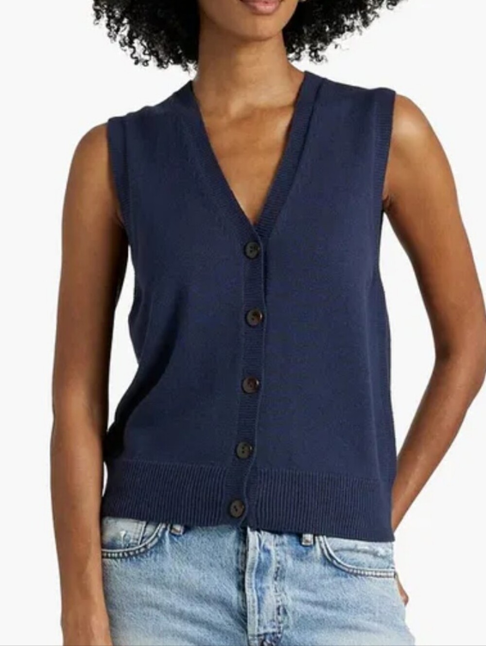 Alex Mill Emilia Cotton Linen Navy Blue V-Neck Button Cardigan Vest